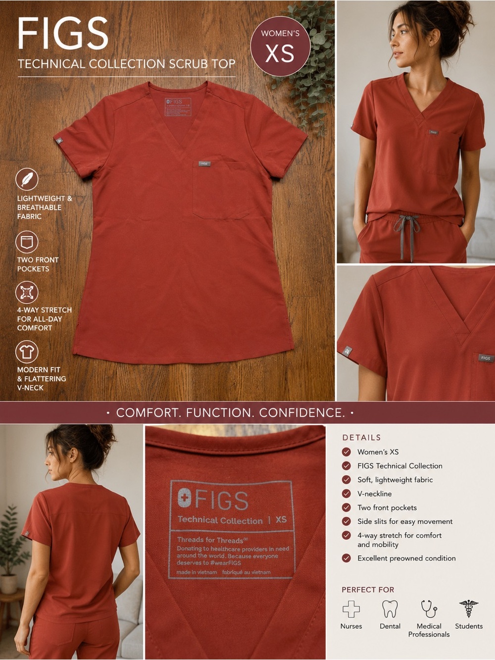 FIGS Technical Collection Scrub Top – Women’s XS – Rust Red